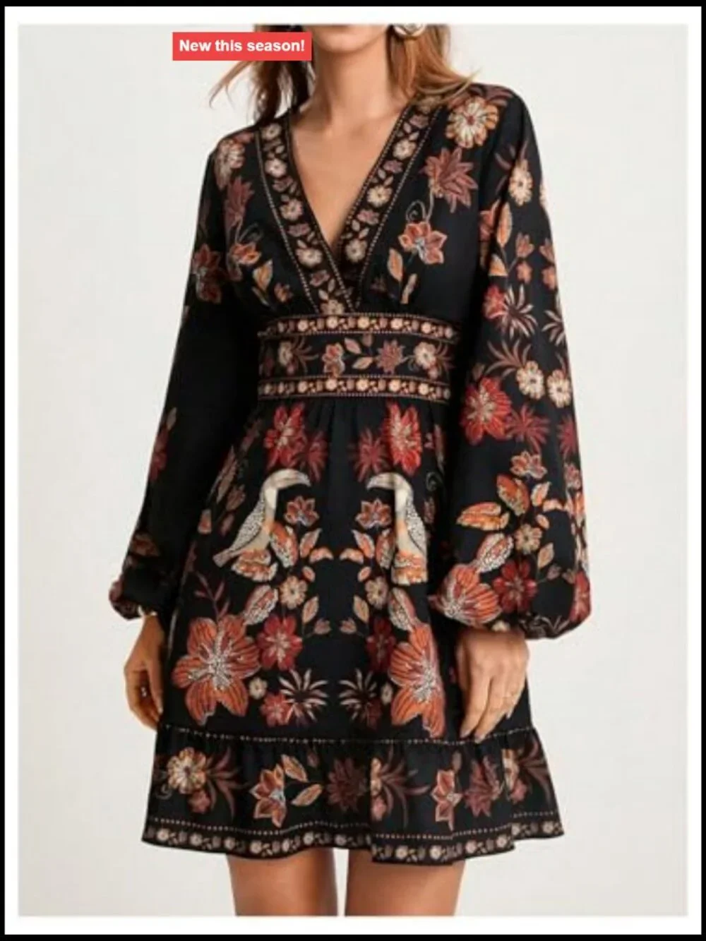 Women's Boho Floral Mini Dress V Neck Long Sleeve High Waist Fit & Flare